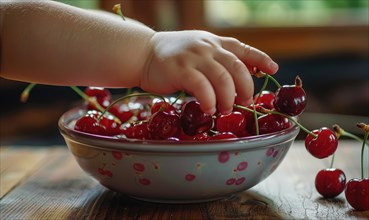 Close-up of a child's hand reaching for a ripe cherry from a bowl AI generated