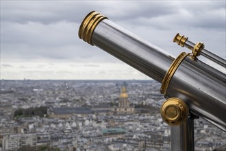 Telescope, Eiffel Tower, in the background Invalides Cathedral, Paris, Ile-de-France, France,