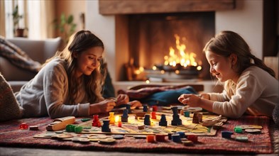 Two sisters enjoy a board game by a warm fireplace in a cozy setting, AI Generated, AI generated