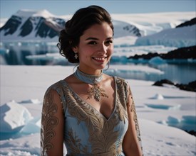 Portrait of a young woman smiling at camera in front of icebergs. ai generative, AI generated