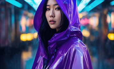 Beautiful asian woman in purple raincoat walking in the city. ai generative, AI generated