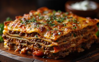 Close-up of layered lasagna with melted cheese and meat sauce, AI Generated, AI generated
