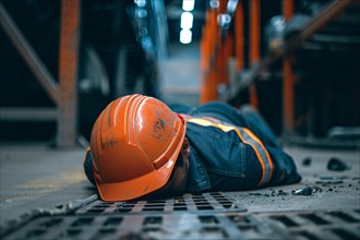 Worker with safety helmet lying on warehouse floor after accident. KI generiert, generiert, AI