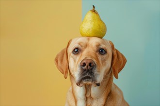 Funny dog with pear fruit on head in front of studio background. KI generiert, generiert, AI
