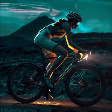 A cyclist rides a road bike at night near a town with a mountain view, AI generated
