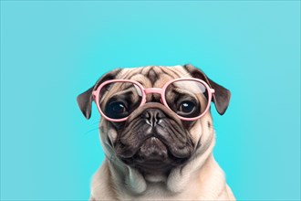 Pug dog with pink sunglasses on blue studio background. KI generiert, generiert, AI generated