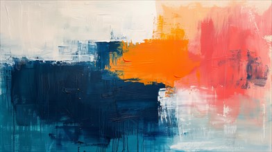 Minimalistic abstract painting with broad strokes of blue, orange, and red, ai generated, AI