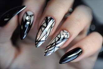 Woman's fingernails with long stiletto shaped nails with black and white nail art deisgn. KI
