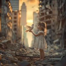 A little girl stands in the midst of rubble and gently holds a white dove, destroyed houses, war,