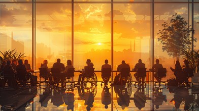 Group of professionals in silhouette during a meeting against a backdrop of a city at sunset, AI