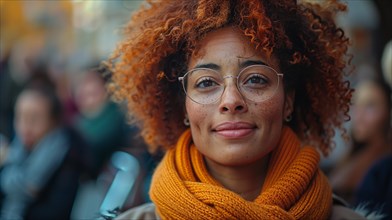 Close-up portrait of a smiling Mixed-race woman with red hair and glasses, wearing an autumnal