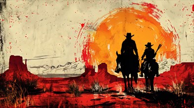 Silhouetted cowboys on horseback are set against a vivid red sunset in a Western desert scene, ai