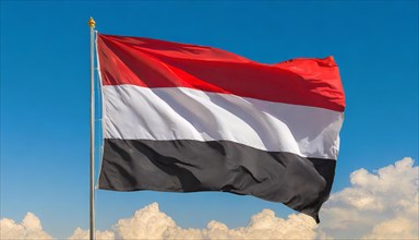 The flag of Yemen, fluttering in the wind, isolated, against the blue sky