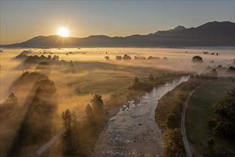 Aerial view, river with fog in front of mountains, sunrise, backlight, summer, Loisach, Alpine