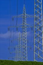 Power pylons with high-voltage lines at the Avacon substation in Helmstedt, Helmstedt, Lower