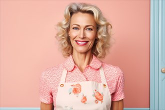 Smiling middle-aged house wife with apron. KI generiert, generiert, AI generated