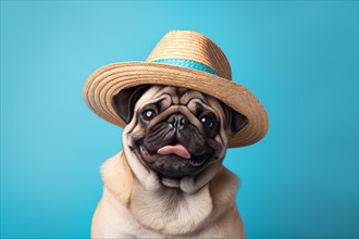 Cute pug dog with summer straw hat on blue studio background. KI generiert, generiert, AI generated