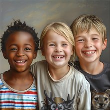 Three happy children with beaming smiles, sharing their friendship and joy, group picture with