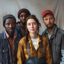 A natural and casual group of four people standing together and looking into the camera, group