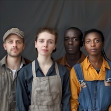 Simple, serious portrait of four people of different ethnicities in work clothes, group picture