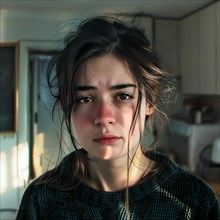 Young woman with a sad expression on her face in a domestic environment, No desire to clean up, AI