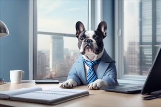 French Bulldog dog in business suit at desk in office. KI generiert, generiert, AI generated