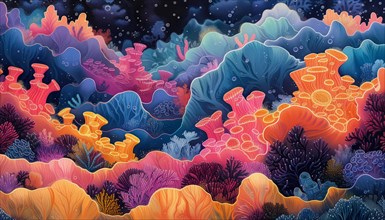 Artistic interpretation of a serene underwater scene with colorful coral formations, AI Generated,