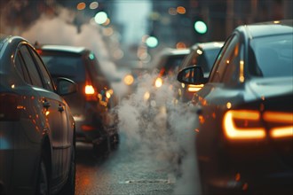 City street full of smoke caused by car exhaust gas, KI generiert, generiert, AI generated