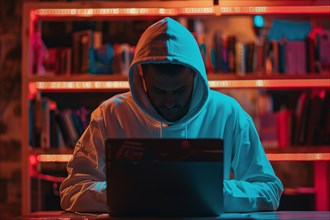 Man covering his face with hoodie in front of laptop. KI generiert, generiert, AI generated