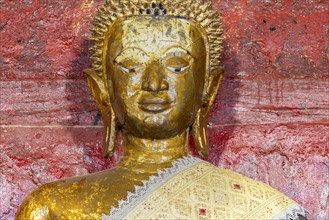 Golden Buddha statue, Bhumispara-mudra, Buddha Gautama at the moment of enlightenment, Wat Long
