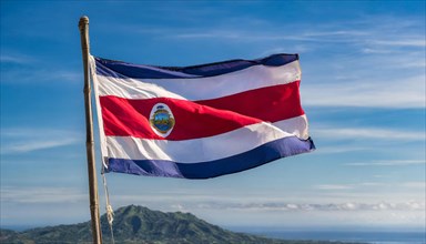 The flag of Costa Rica flutters in the wind, isolated against a blue sky