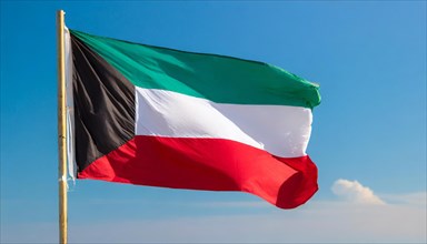 The flag of Kuwait flutters in the wind, isolated against a blue sky