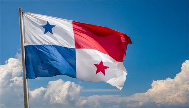The flag of Panama flutters in the wind, isolated against a blue sky