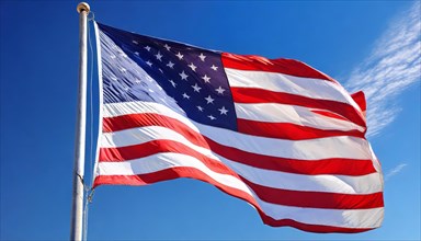 The flag of USA, America, United States, fluttering in the wind, isolated against a blue sky, North