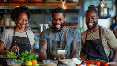Three diverse friends share a hearty laugh while cooking together in a vibrant, lively kitchen, AI