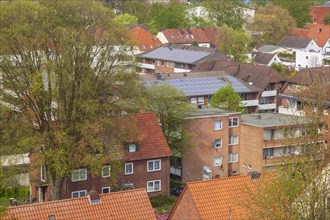 Bird's eye view of a modern brick residential building in spring, Delmenhorst, Lower Saxony,