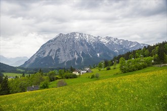 Summer austrian landscape with Grimming mountain (2.351 m), an isolated peak in the Dachstein