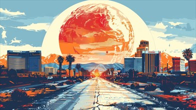 A retro-futuristic depiction of a city under a giant orange planet at sunset, ai generated, AI