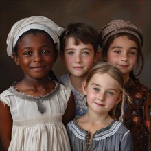 A group of four children in traditional dress look seriously into the camera, group picture with