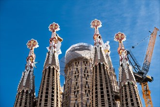 Towers of the Sagrada Familia basilica under construction, Roman Catholic basilica by Antoni Gaudi