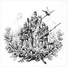 Drawing of three men in military dress with weapons and historical uniforms, a rider on horseback,