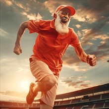 Euphoric older man runs in red outfit in stadium during sunset, start running, start, advert,