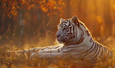 A white tiger basking in the warm glow of the setting sun AI generated