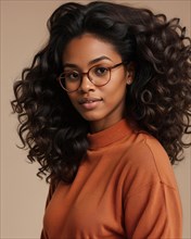 Beautiful african american woman with curly hairstyle and glasses. ai generative, AI generated