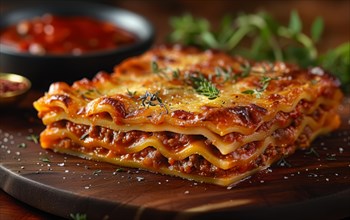 A delicious baked lasagna topped with herbs and presented on a plate, AI Generated, AI generated