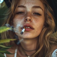 Natural looking young woman enjoying smoking a cigarette in the sunlight, AI generated