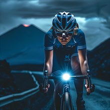 Cyclist on a road at night with headlights and mountains in the background, AI generated
