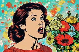 Shocked woman in pop art style with red flowers and green background with butterfly illustrations,