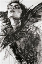 Expressive depiction of a woman with a raven in flowing, dynamic lines, raven woman, book cover