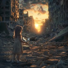 A little girl holds a pigeon in a destroyed city, sunset in the background, destroyed houses, war,